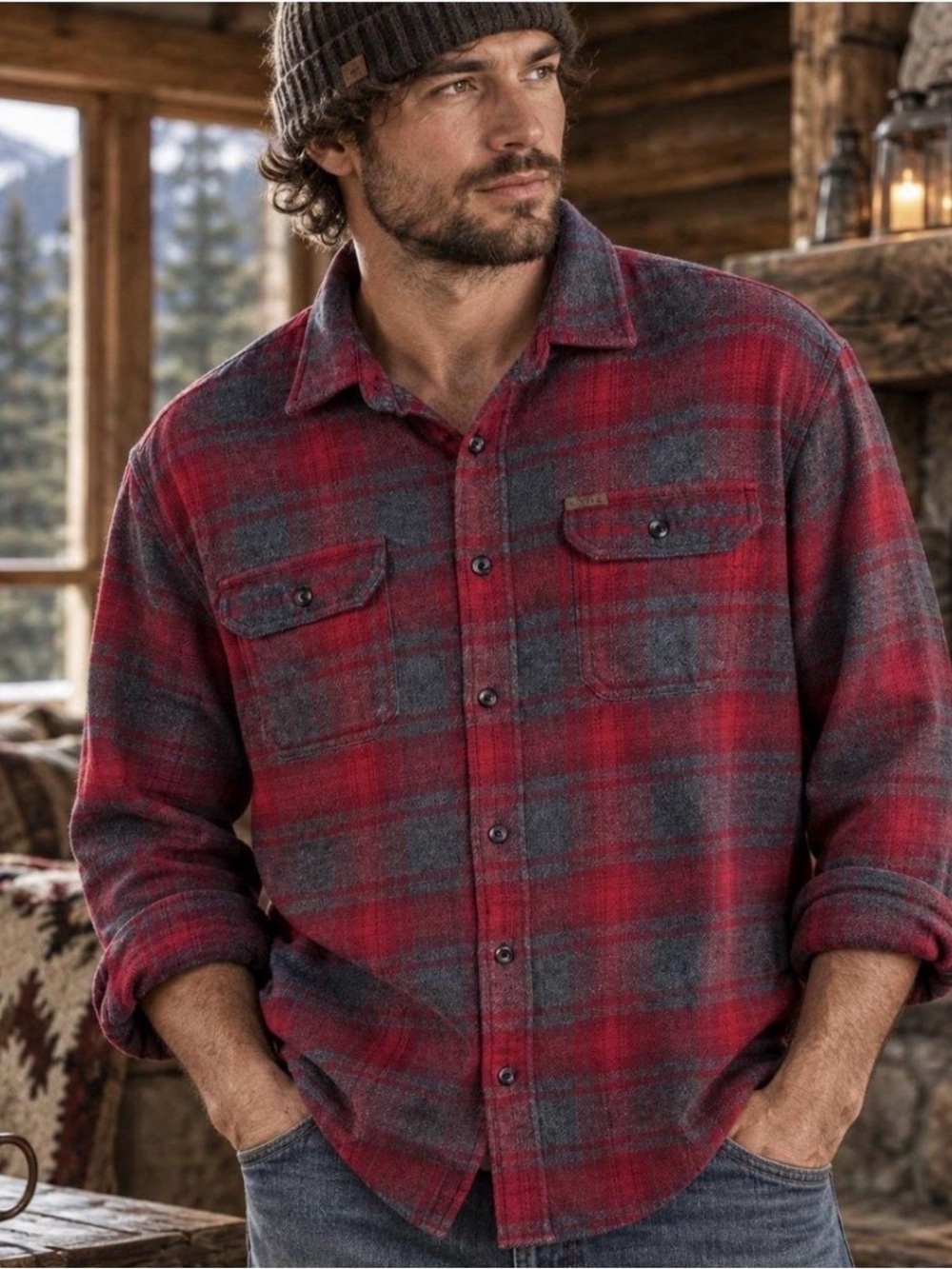 ORVIS Men XXL Red Gray Plaid Heavy Flannel Shirt Jacket Cotton Blend Button